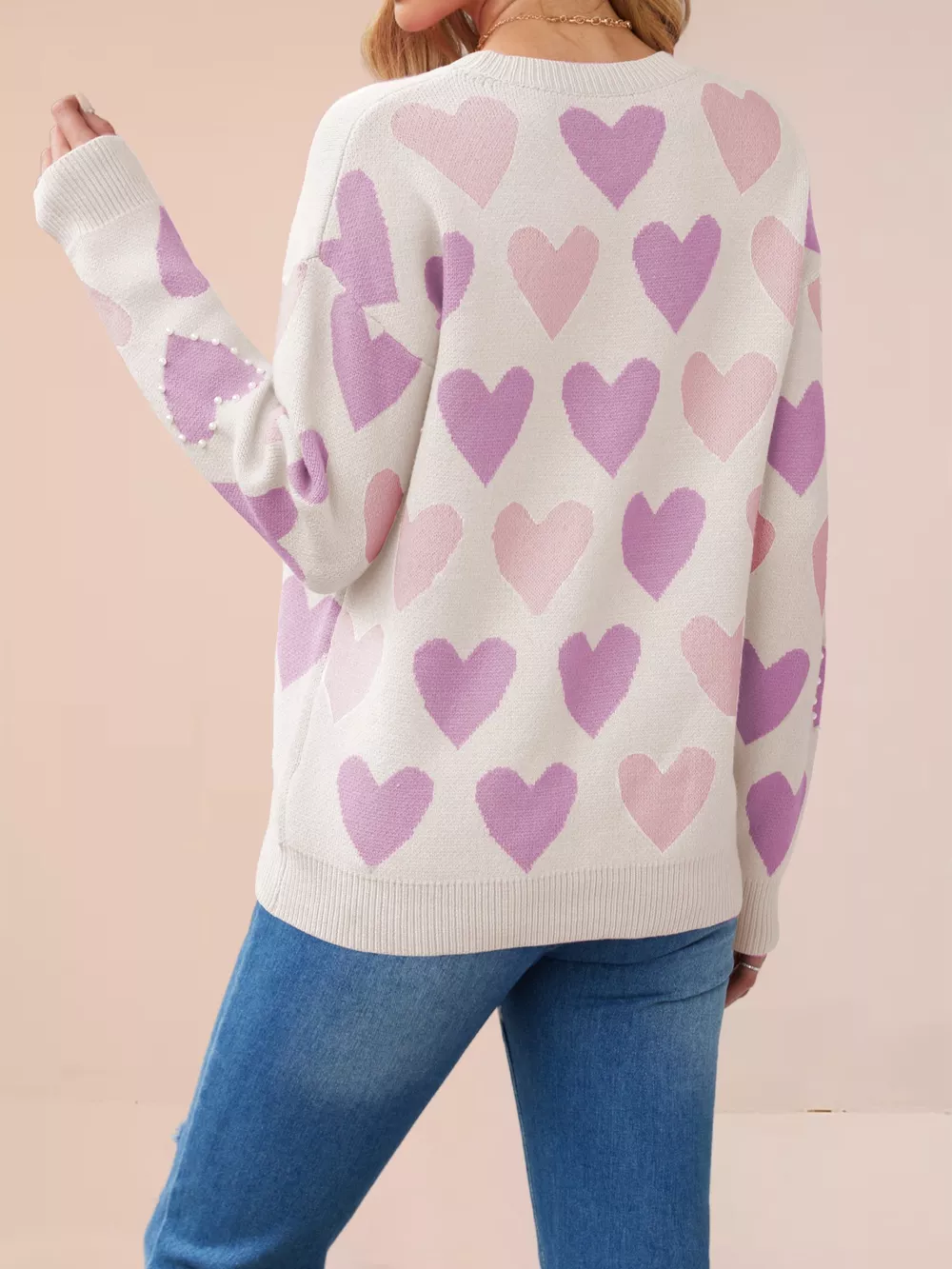 Heart Pattern Beaded Round Neck Sweater, image 9