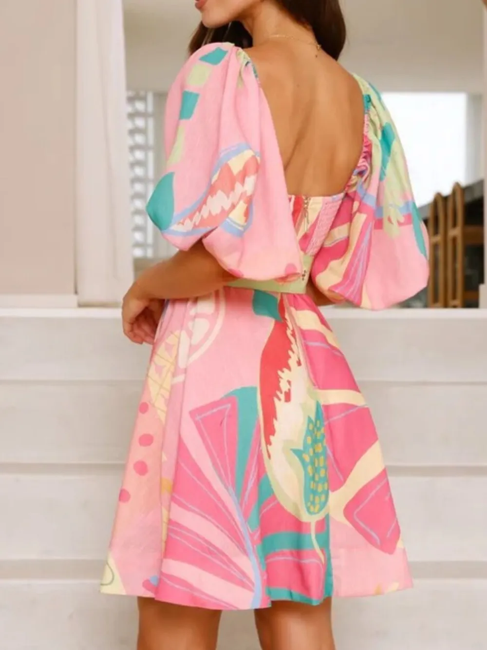Printed Square Neck Puff Sleeve Dress, image 3