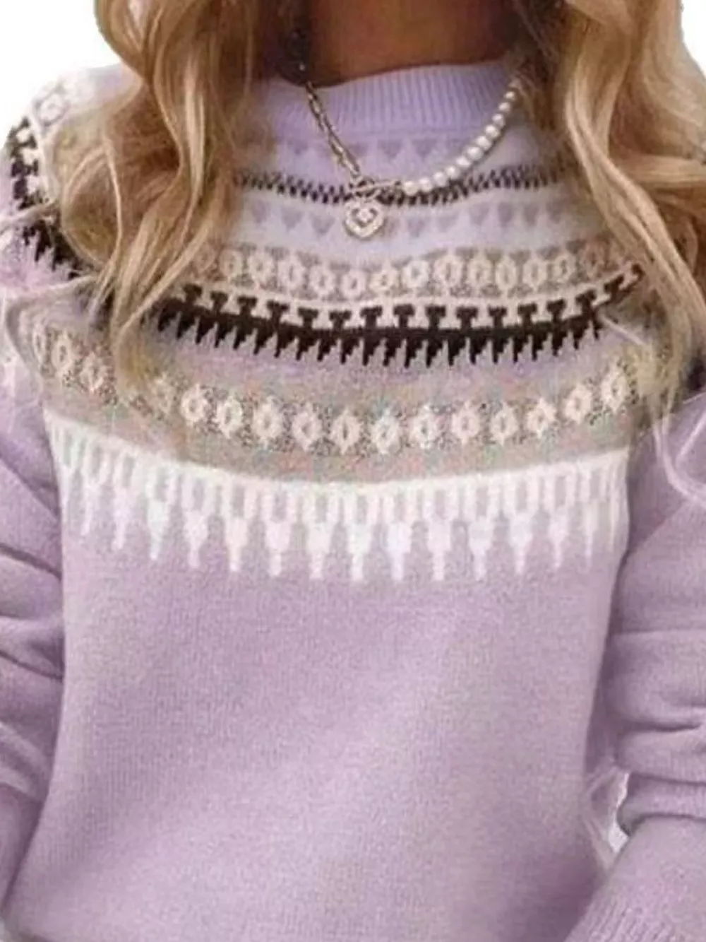 Full Size Vintage Patterned Round Neck Sweater Plus Size, image 14