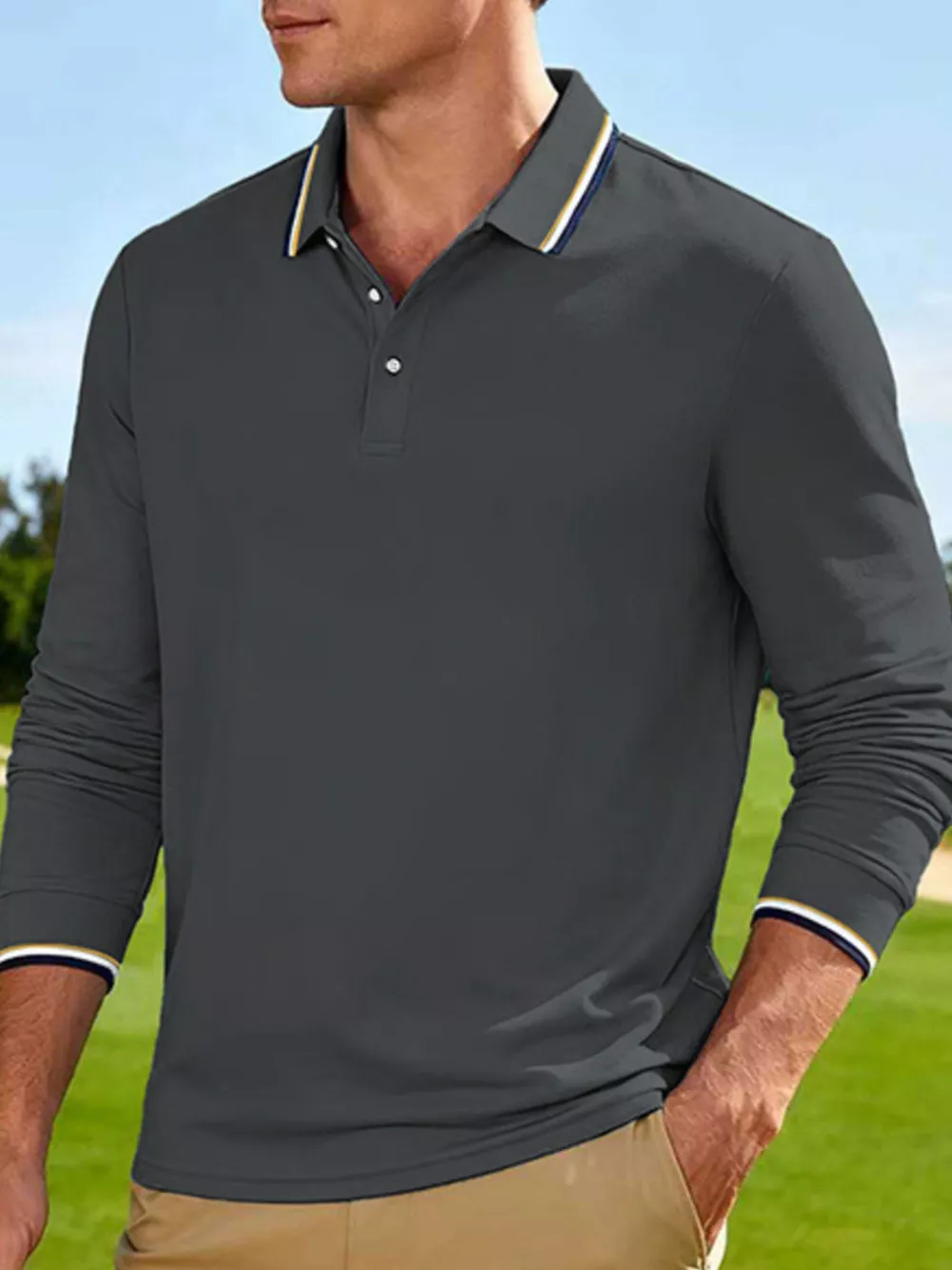 Men's Full Size Classic Long-Sleeve Polo with Striped Collar Plus Size, image 4