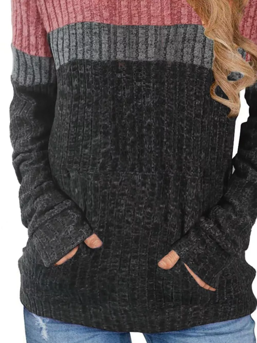 Full Size Color Block Ribbed Knit Hoodie Plus Size, image 18