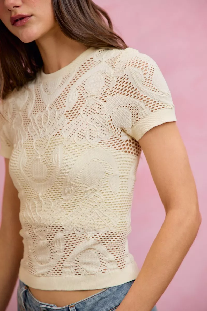 Floral Perforated Seamless Active Short Sleeve Top, image 4
