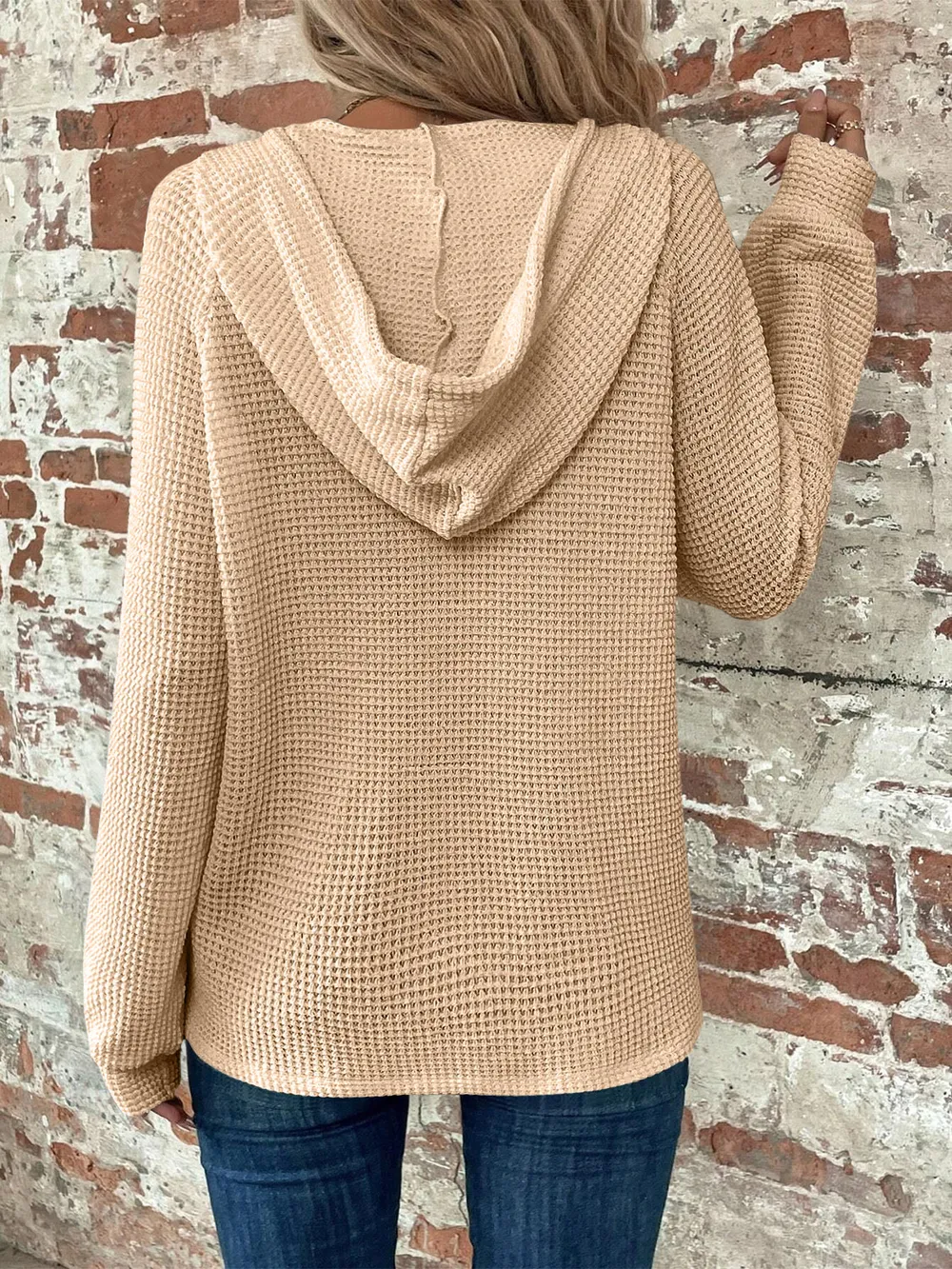 Waffle Knit Long Sleeve Drawstring Hooded Top, image 25