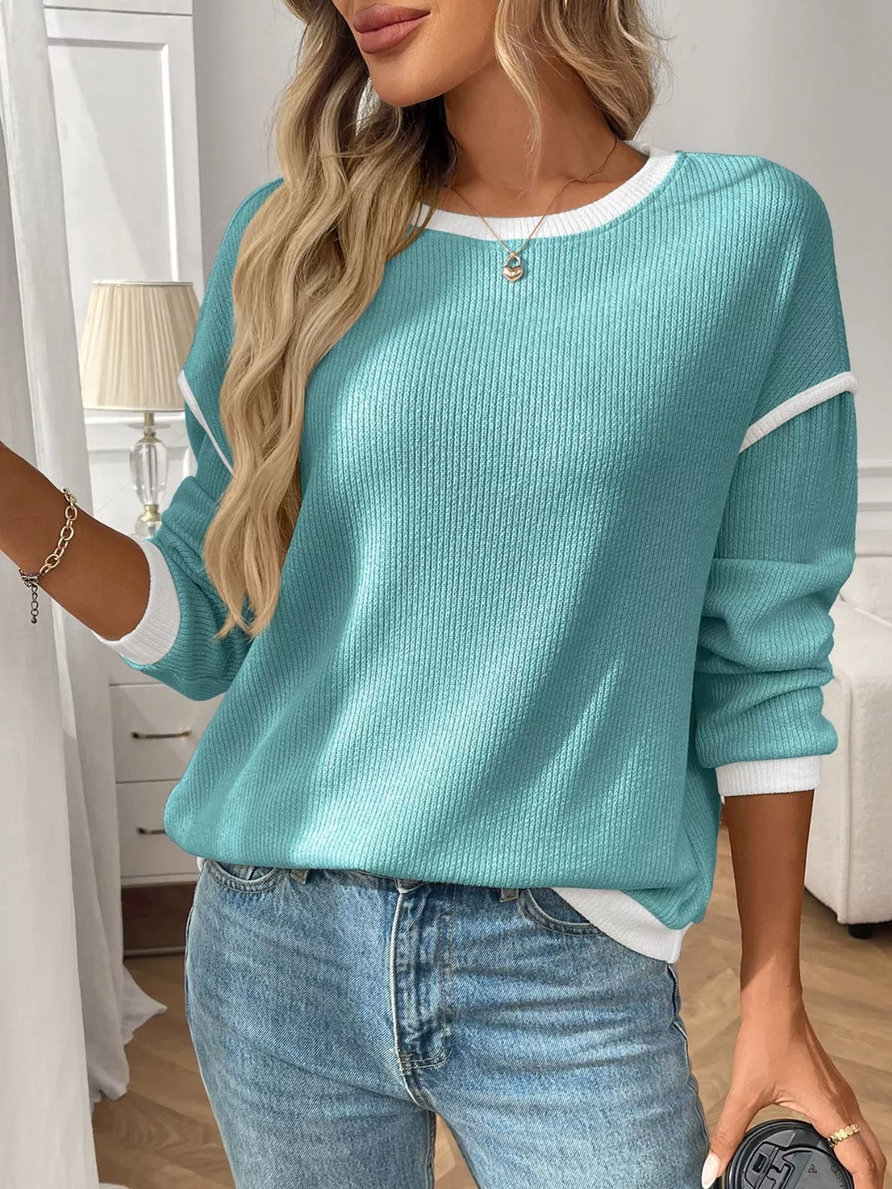 Ribbed Knit Contrast Trim Sweater, image 13