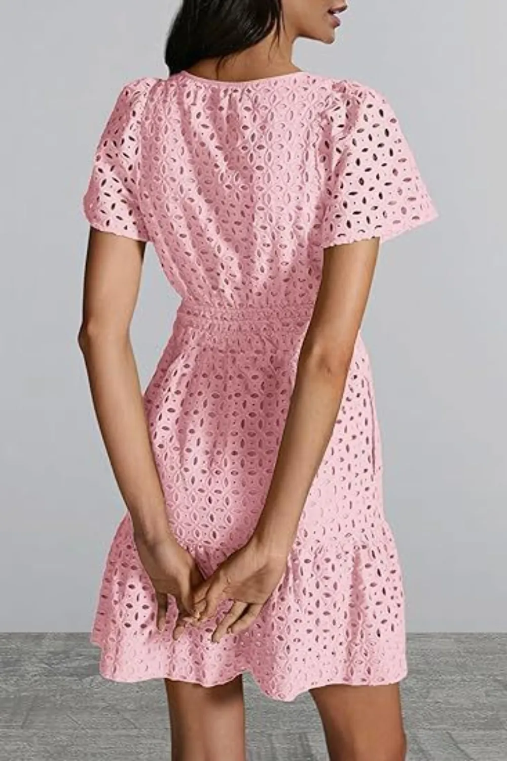 Eyelet Notched Short Sleeve Mini Dress, image 5
