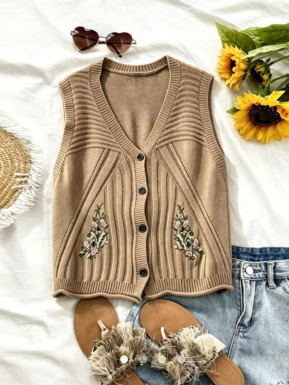 Floral Embroidered V-Neck Button-Down Sweater Vest, image 7
