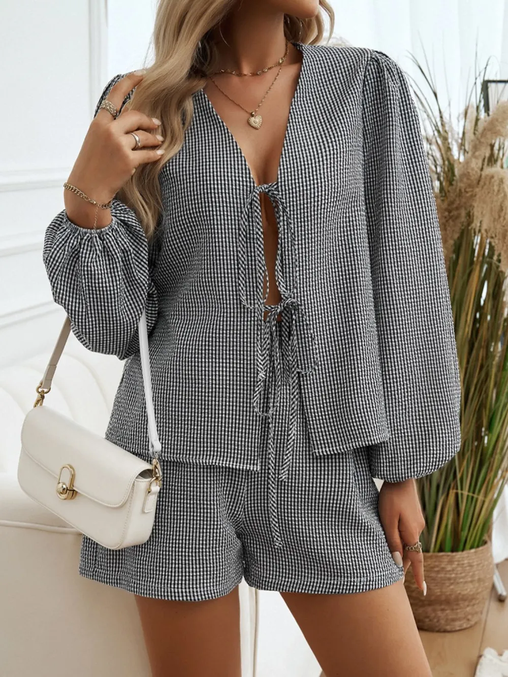 Tied Long Sleeve Top and Shorts Set, image 6
