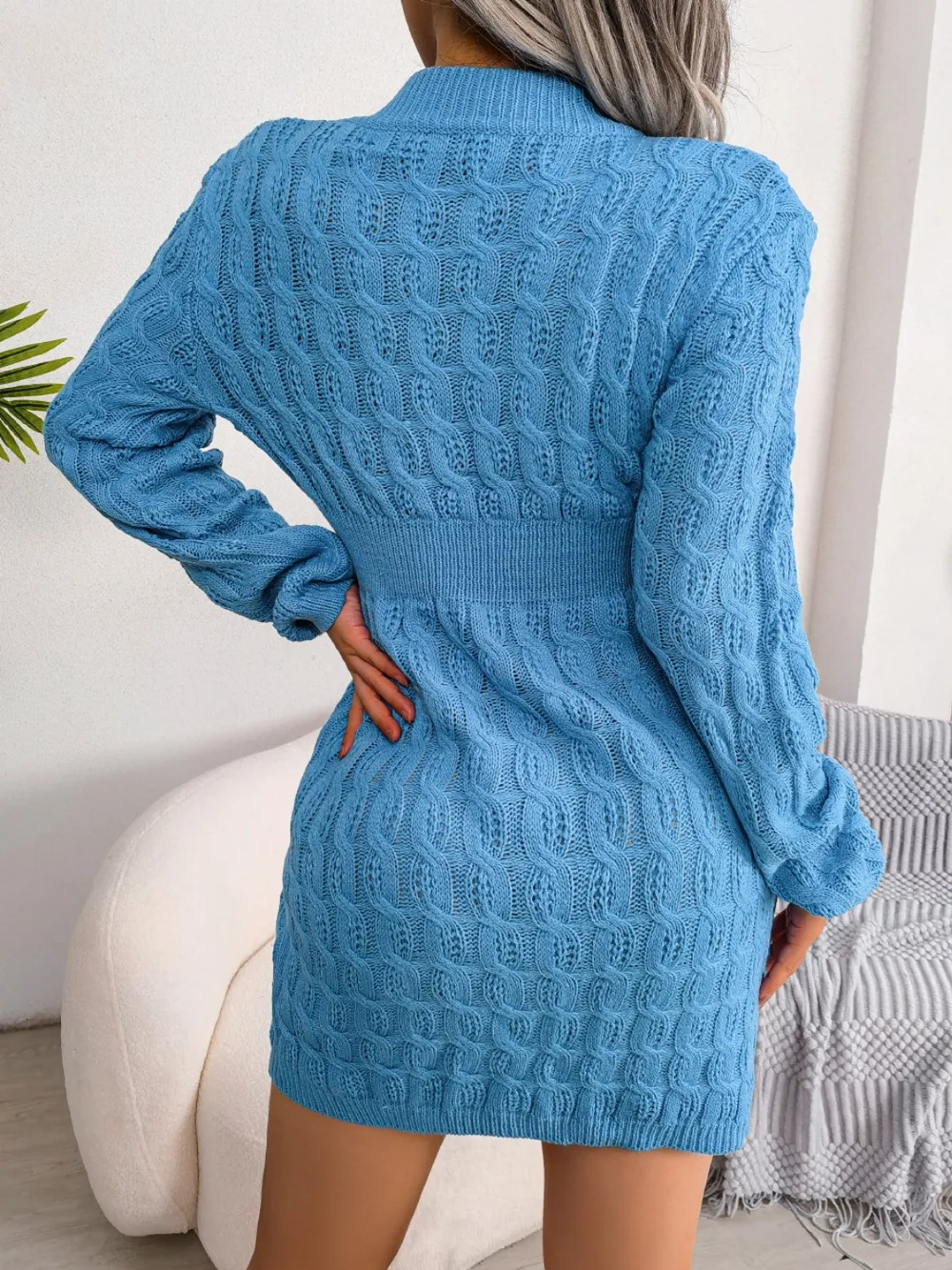 Cable-Knit Round Neck Mini Wrap Sweater Dress, image 6
