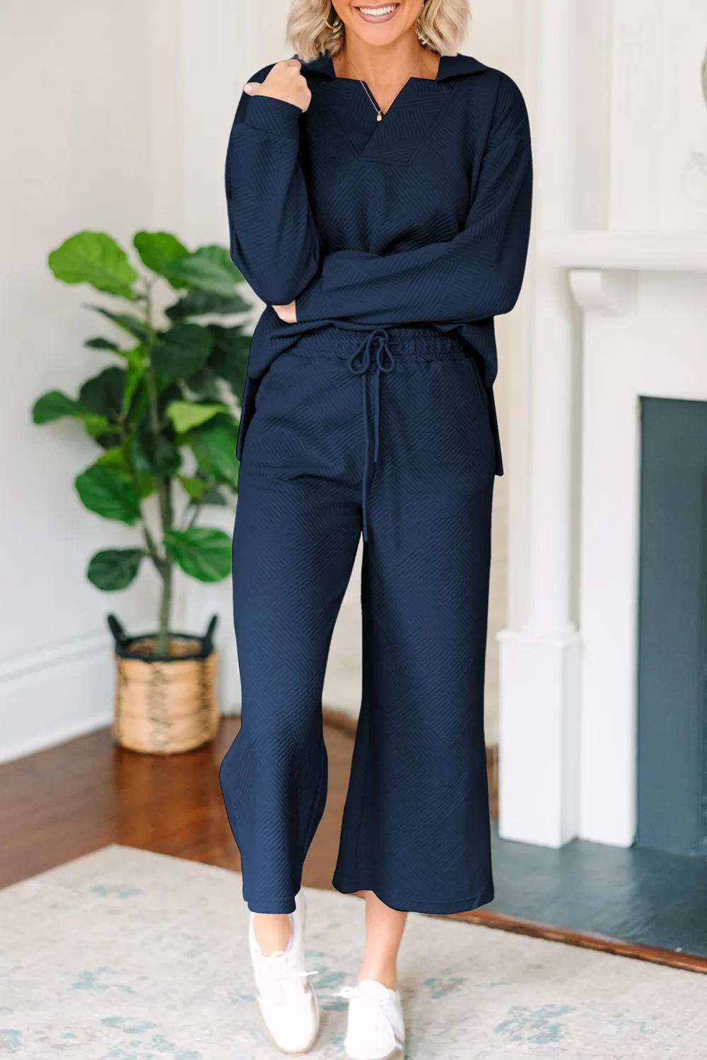 Textured Collared Neck Top and Wide Leg Pants Set, image 16