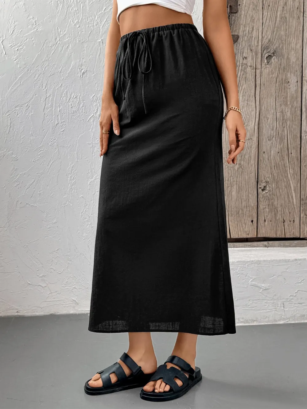 Slit Skirt with Drawstring Waist, image 3