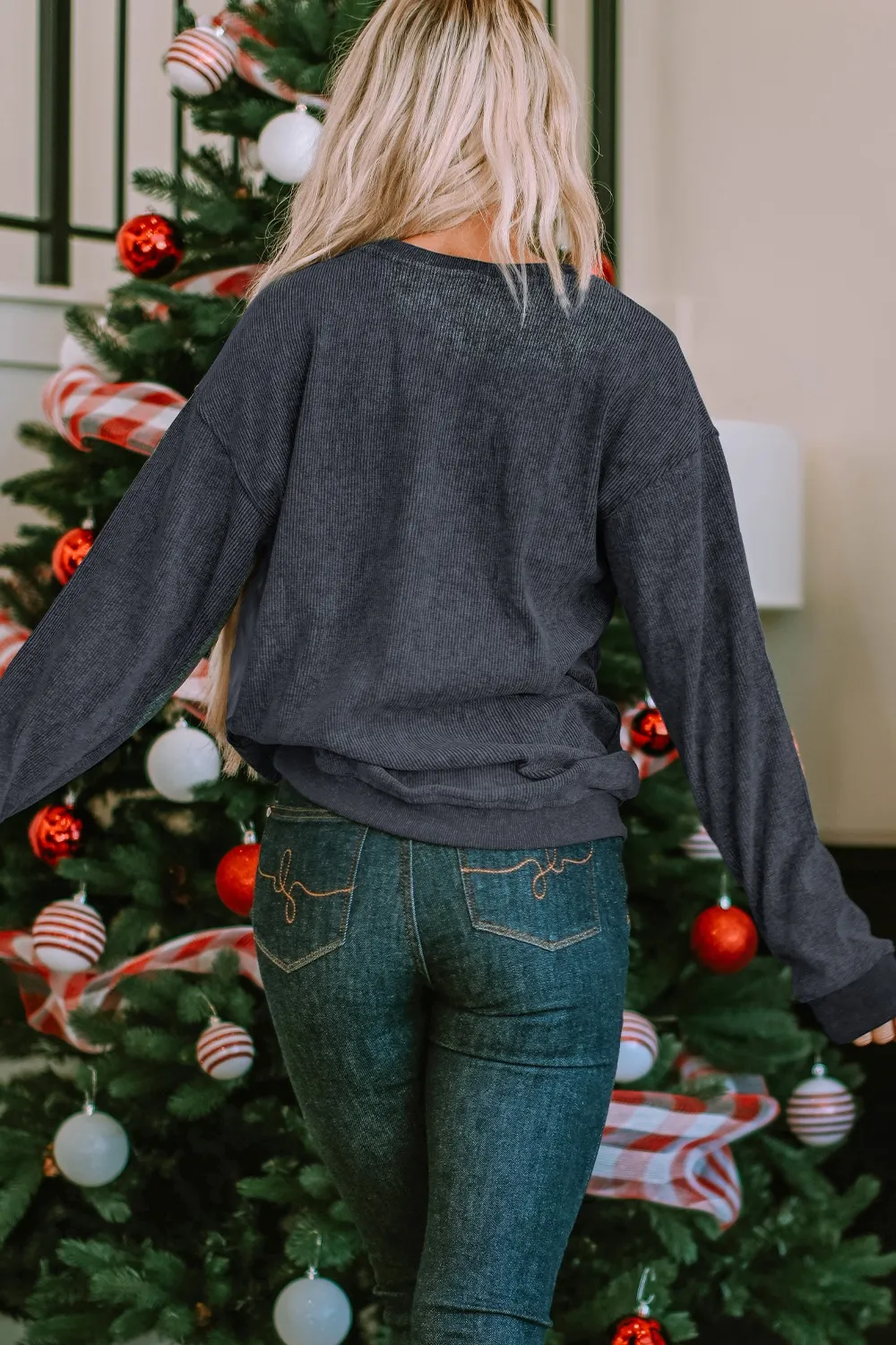 Sequin Patch Pumpkin Round Neck Sweatshirt, image 3