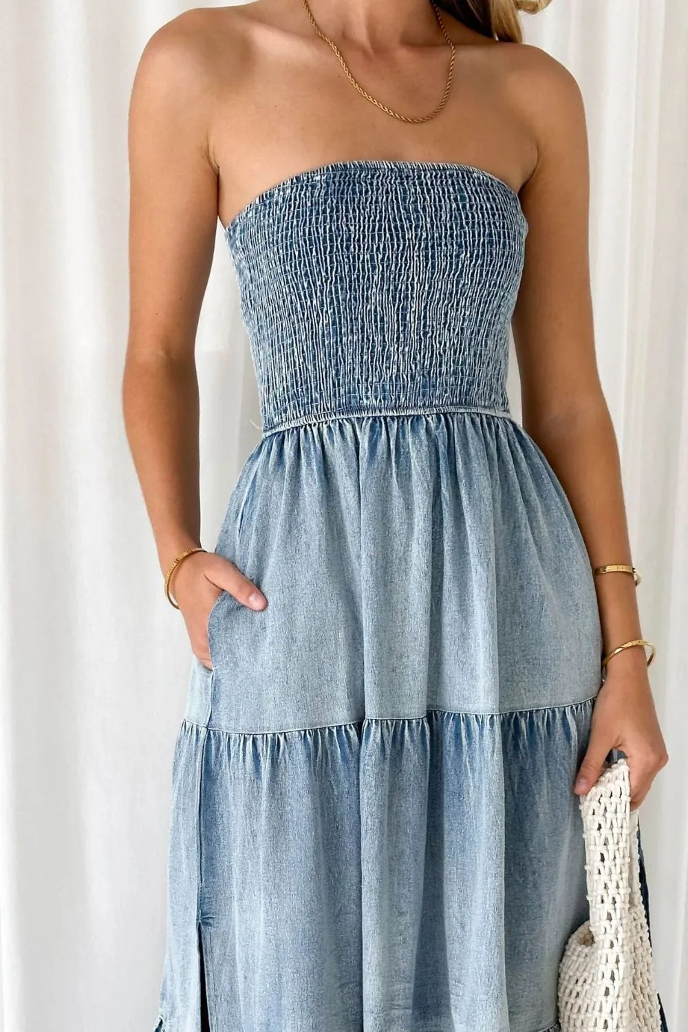 Smocked Tube Slit Tiered Denim Dress, image 2