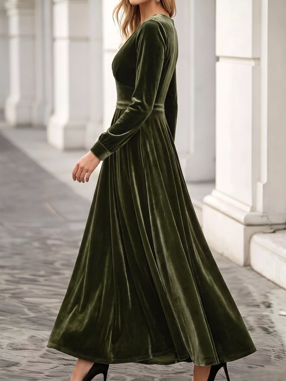 Plus Size V-Neck Long Sleeve Velvet Maxi Dress, image 4