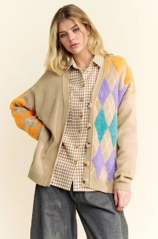 Argyle V-Neck Dropped Shoulder Cardigan, image 6