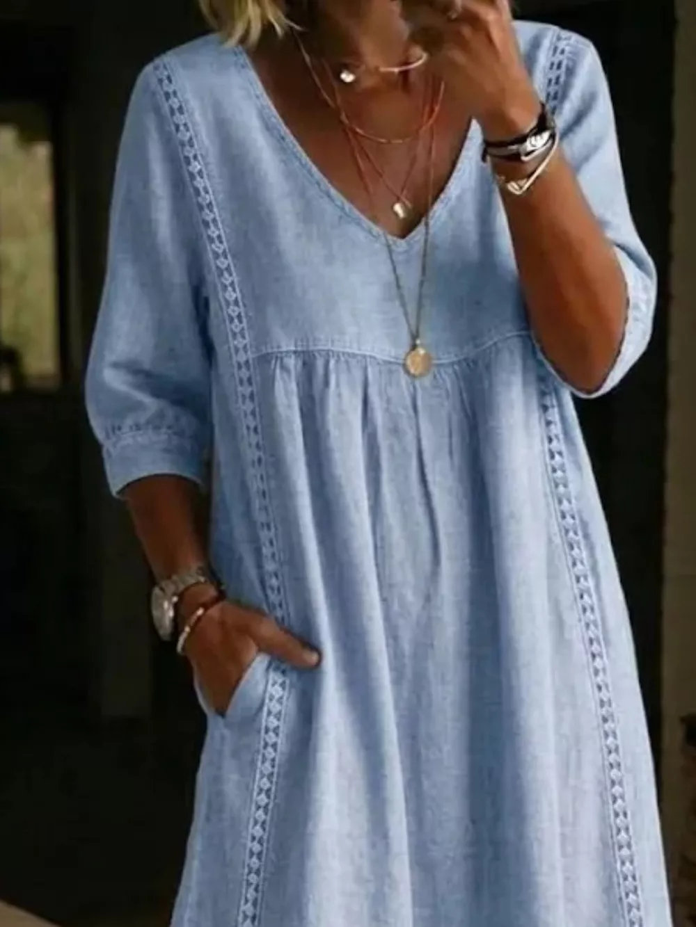Full Size V-Neck 3/4 Sleeve Midi Dress Plus Size, image 2
