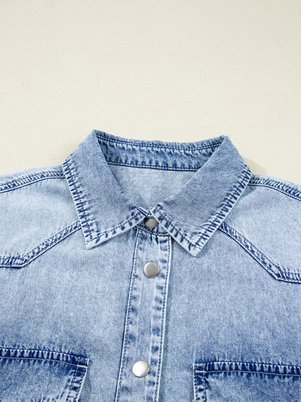 Chest Pocket Raw Hem Denim Loose Shirt Dress, image 3