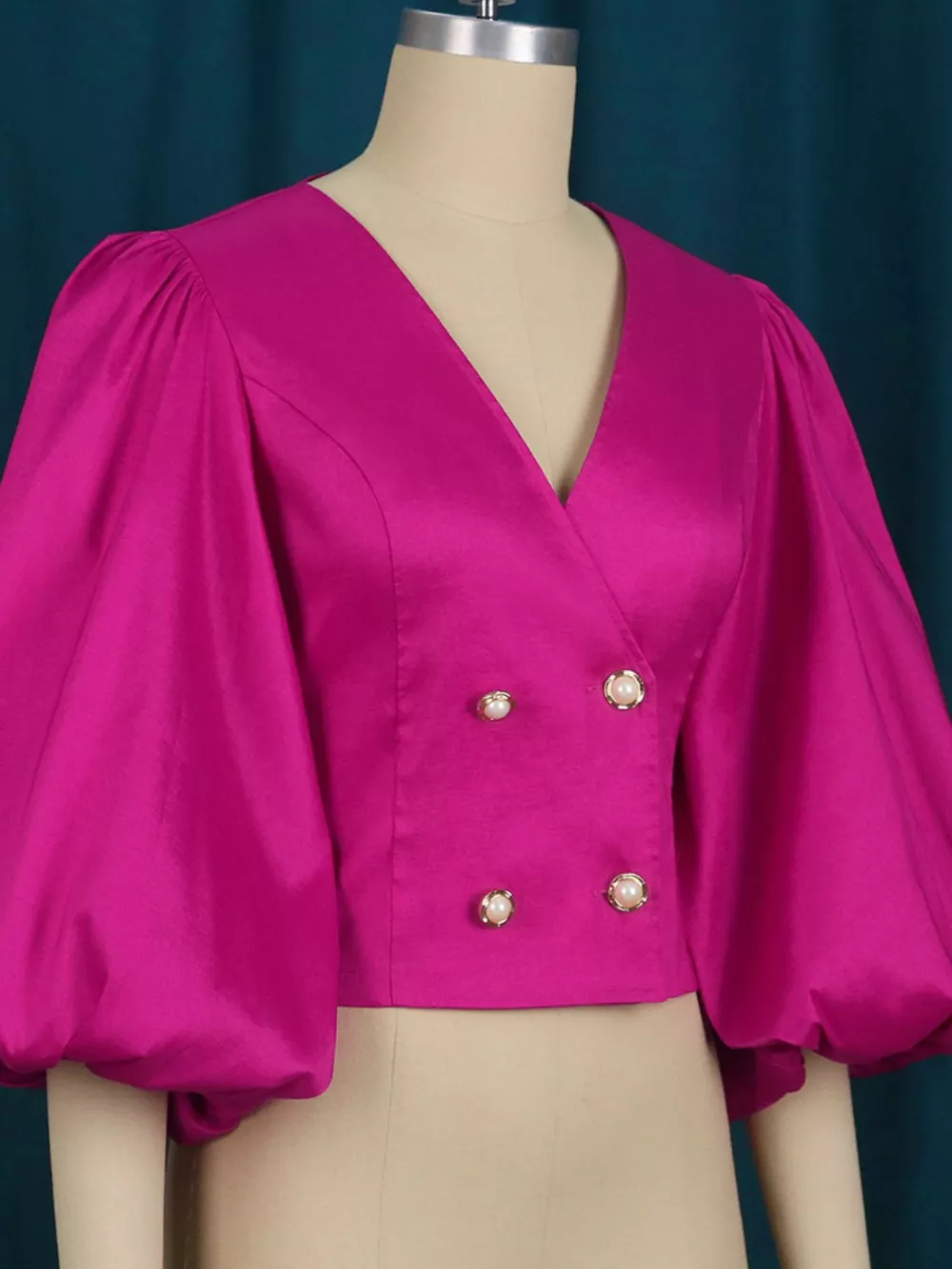 Full Size Double-Breasted Puff Sleeve Blouse Plus Size, image 4