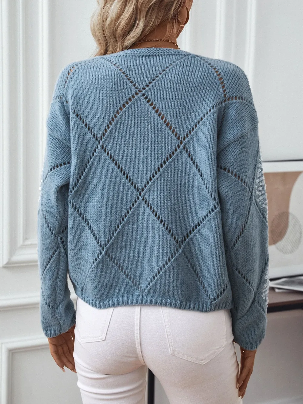 Openwork Round Neck Long Sleeve Knit Top, image 3
