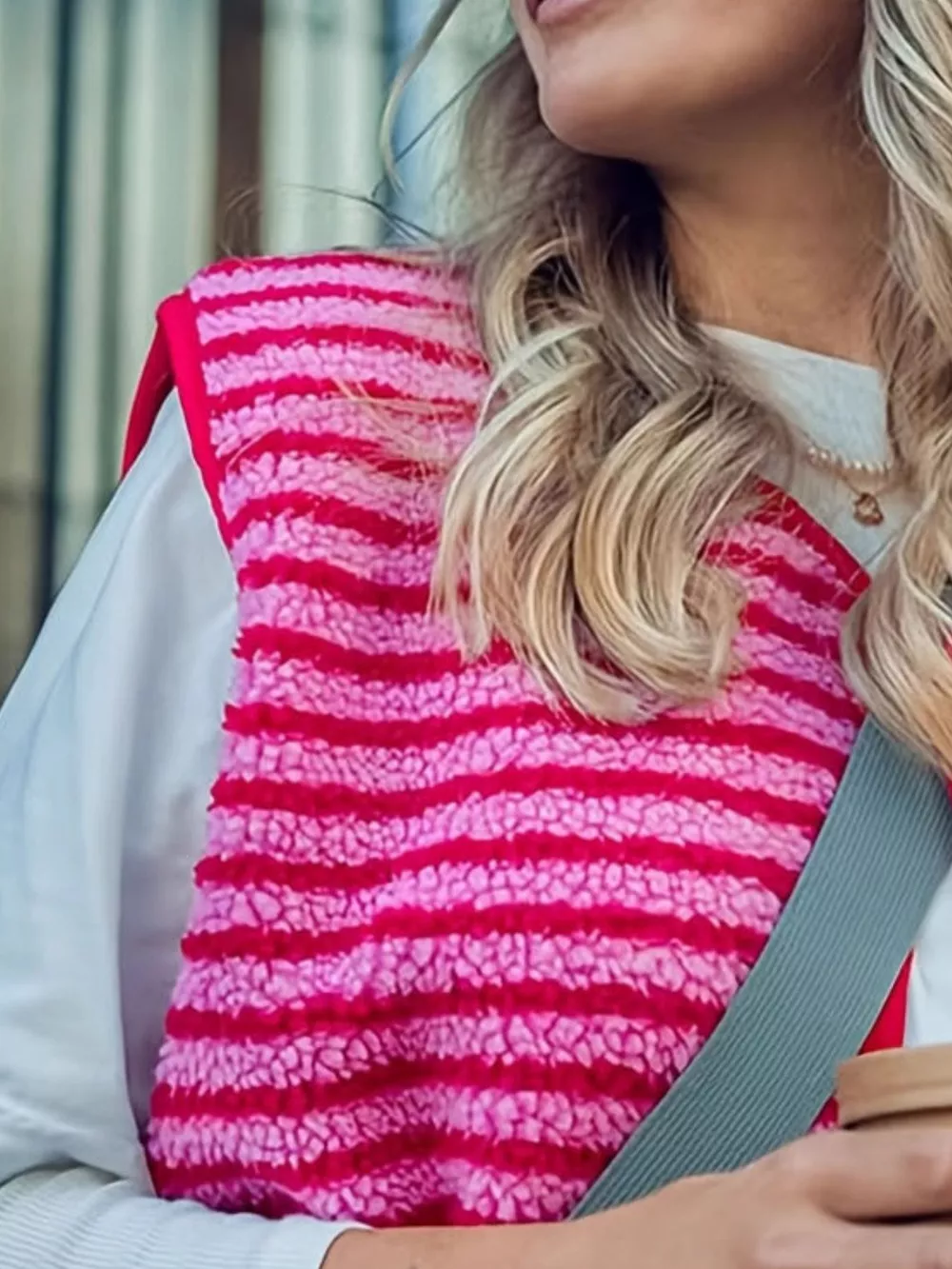 Striped Fleece Button-Up Vest Coat, image 3
