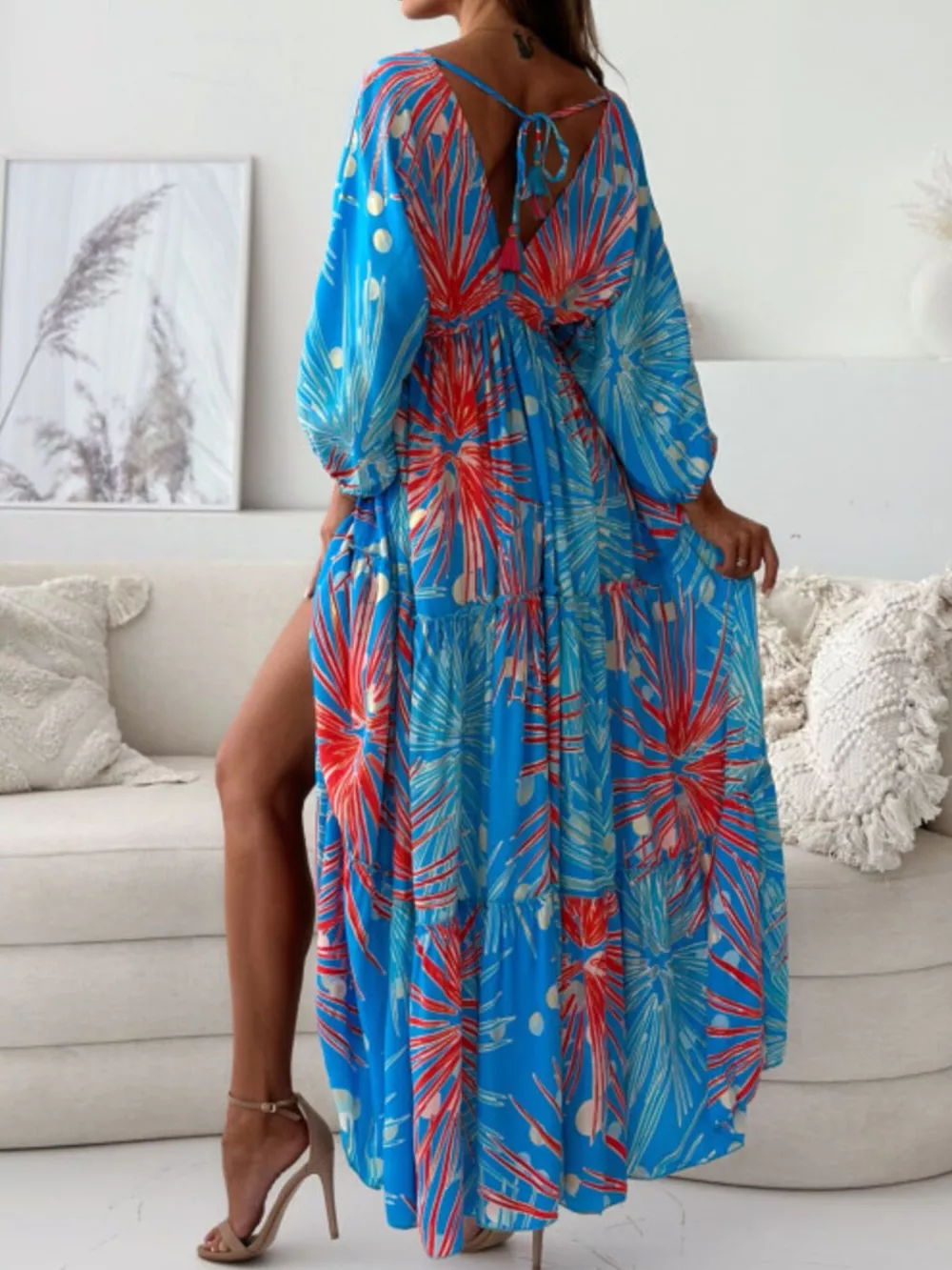 Printed V-Neck Balloon Sleeve Slit Maxi Dress, image 5