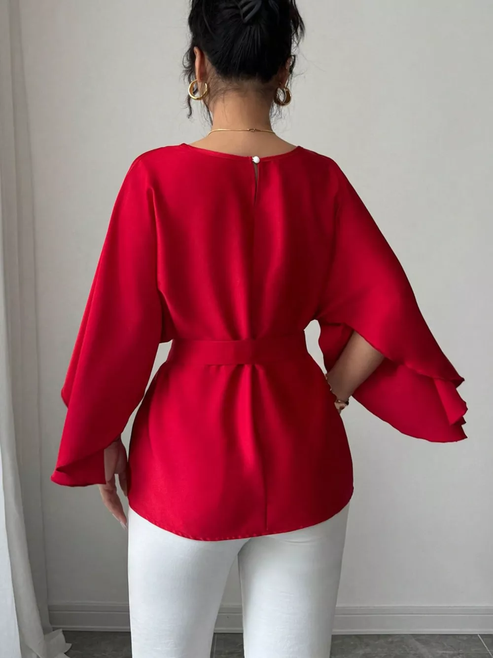 Round Neck Belt Batwing Sleeve Blouse, image 6