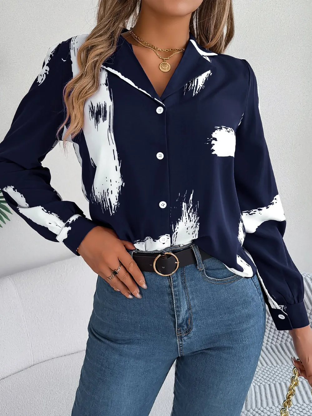 Printed Collared Neck Button Up Shirt, image 3