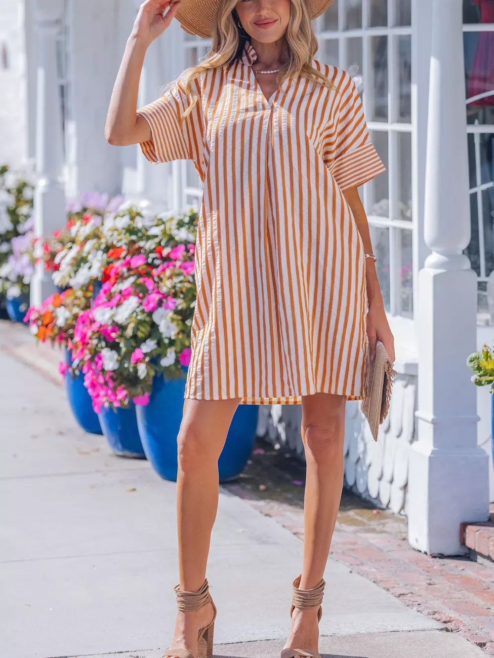 Stripe Pinched V Neck Turn-up Cuffs Shift Mini Dress, image 6
