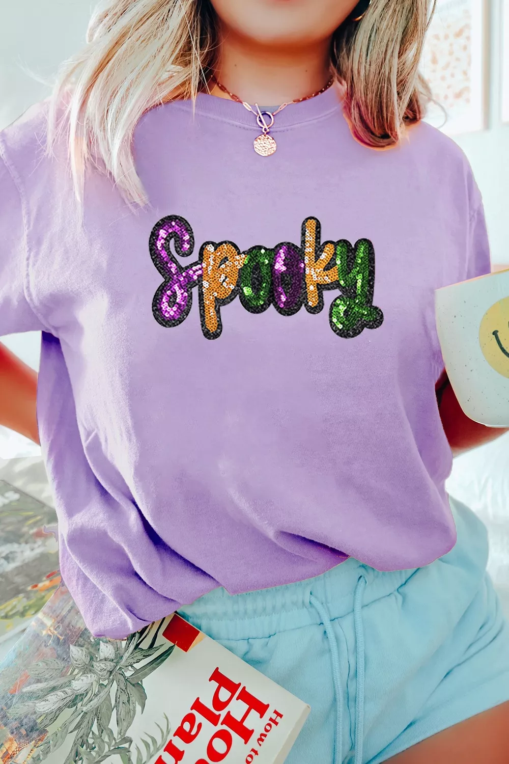 Full Size Spooky Sequin Letter Patched Cotton Blend T Shirt Plus Size, image 2