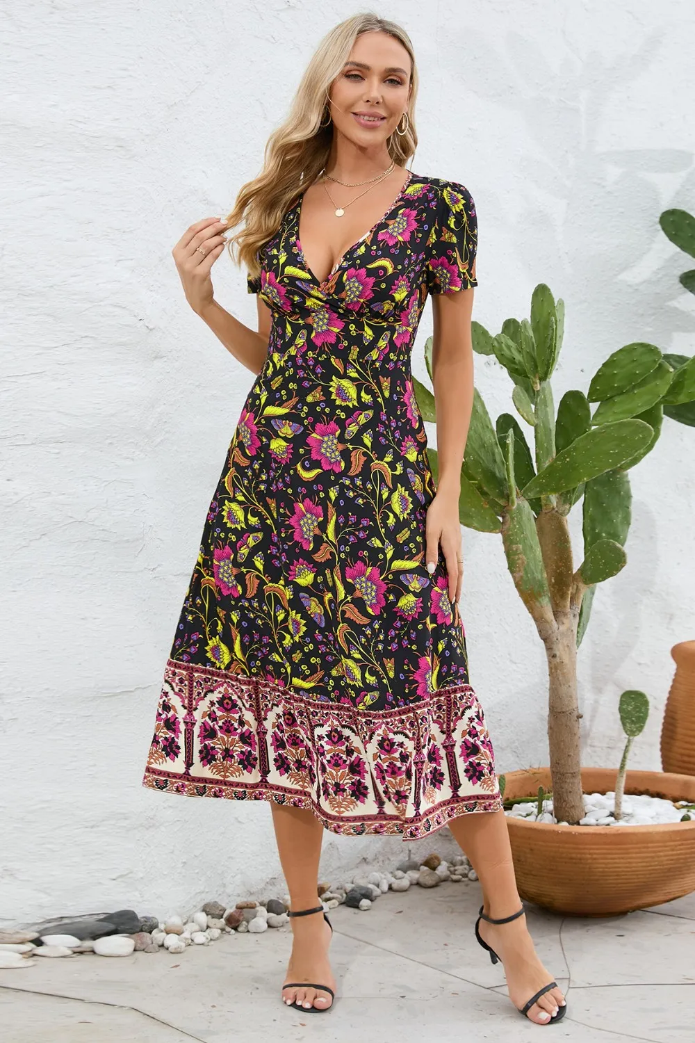 Printed Surplice Short Sleeve Dress, image 3