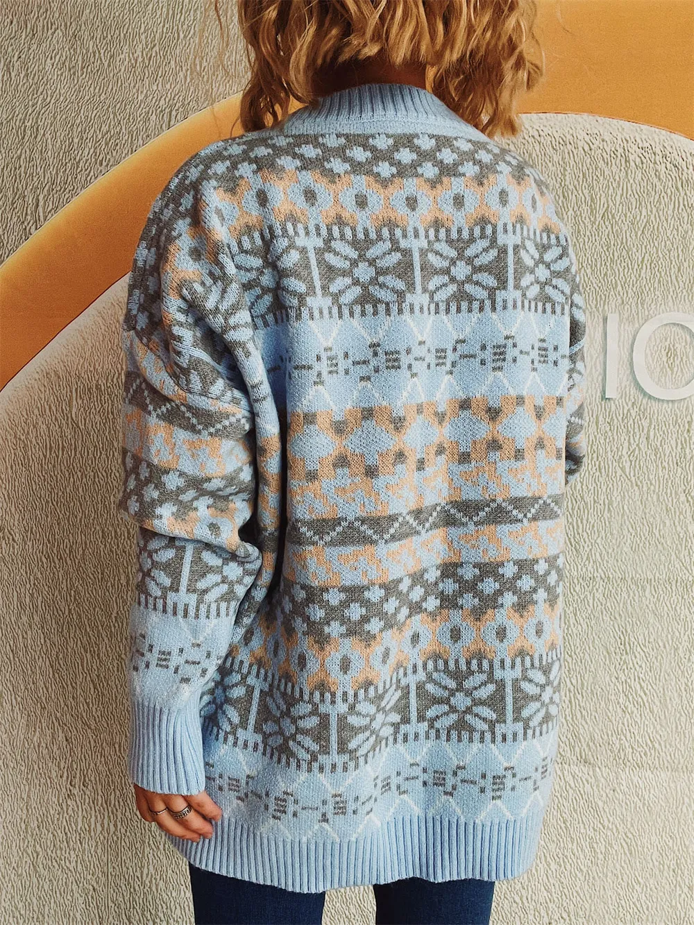 Geometric Round Neck Dropped Shoulder Sweater, image 9