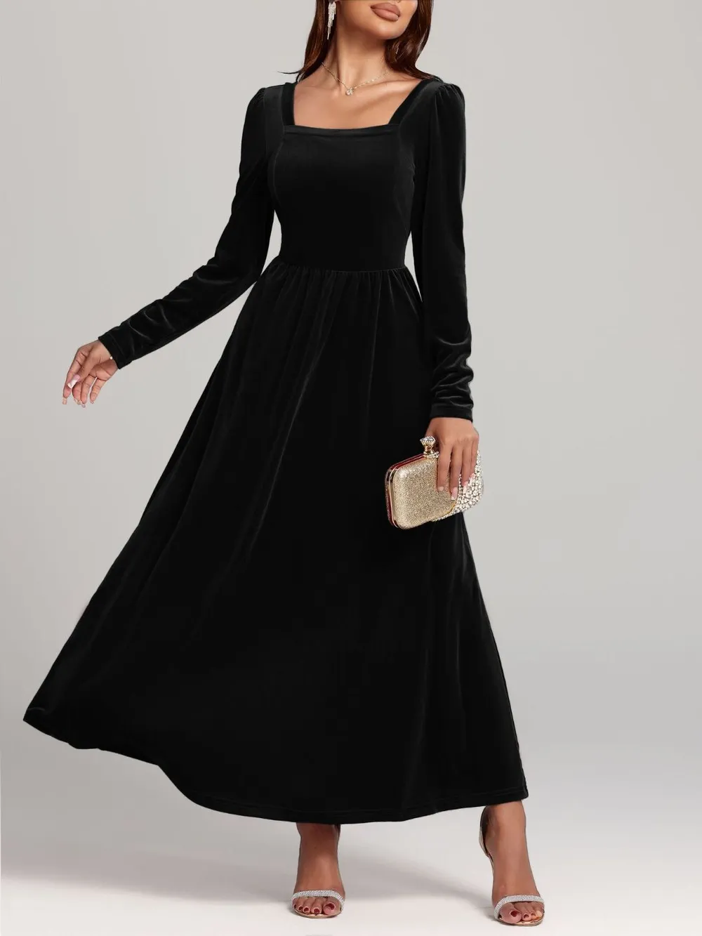 Velvet Square Neck Long Sleeve Dress, image 6