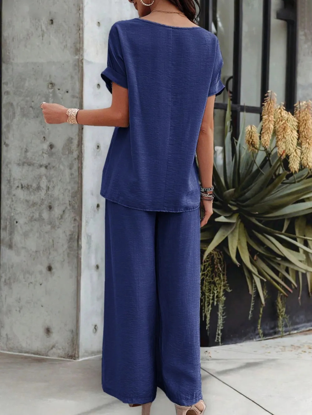 Round Neck Short Sleeve Top and Pants Set, image 10