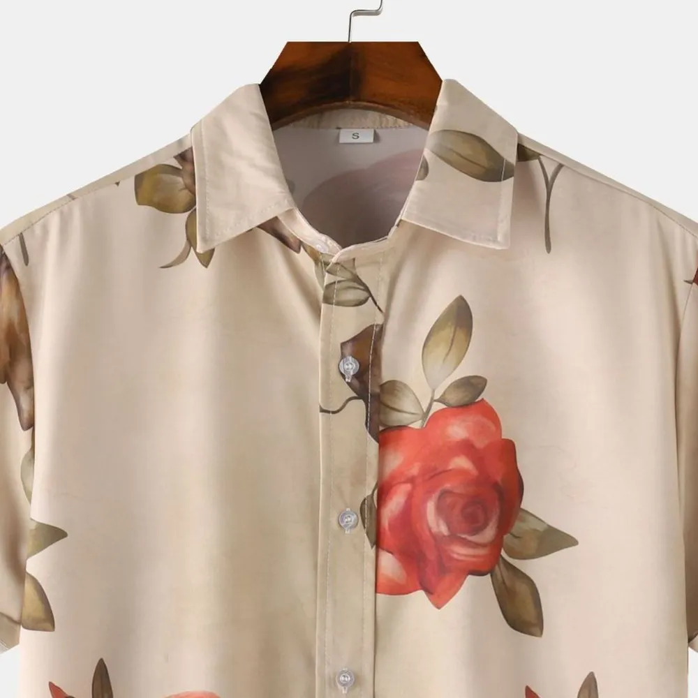 Men's Rose Print Short Sleeve Button Down Shirt, image 3