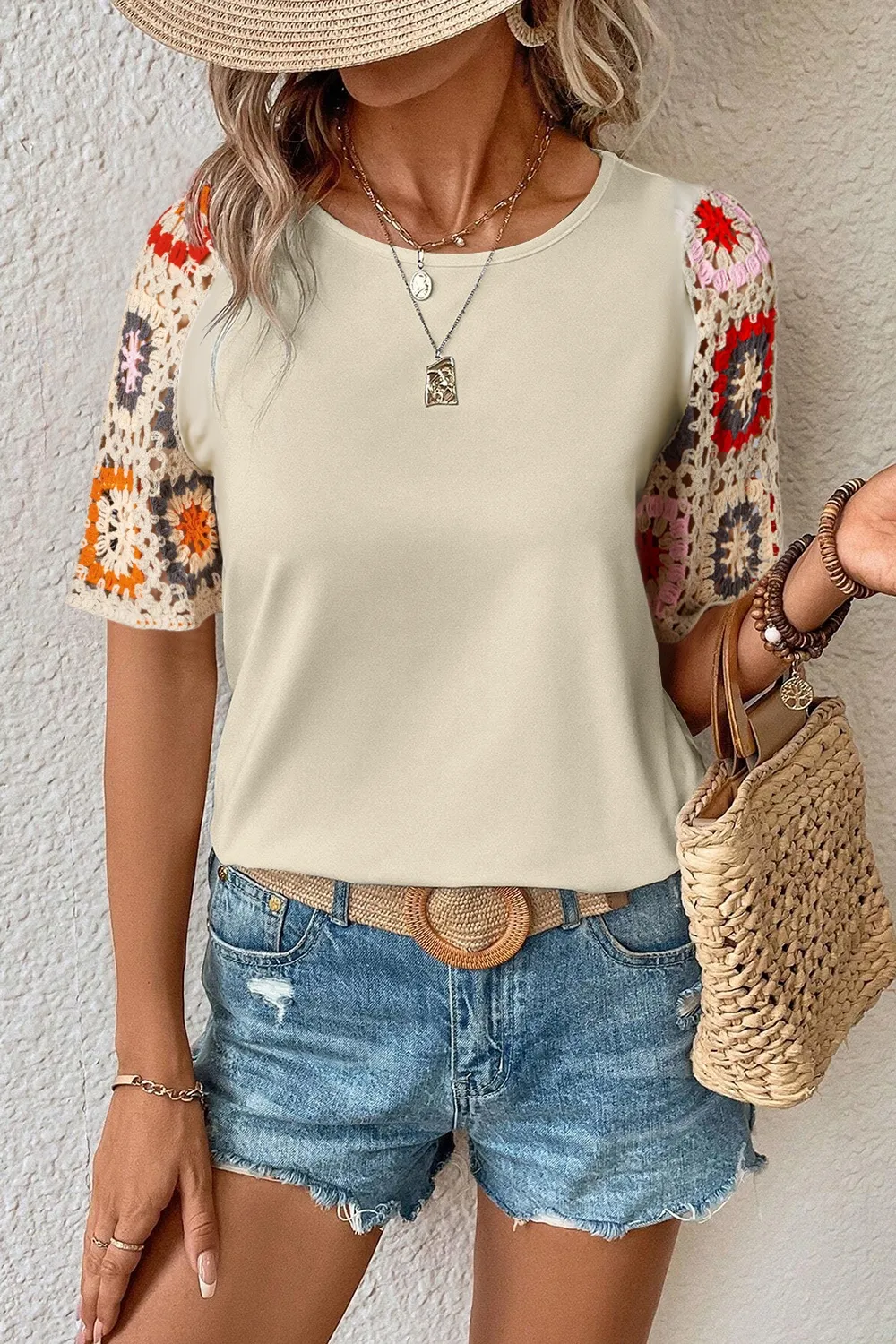Geometric Round Neck Short Sleeve Blouse, image 5