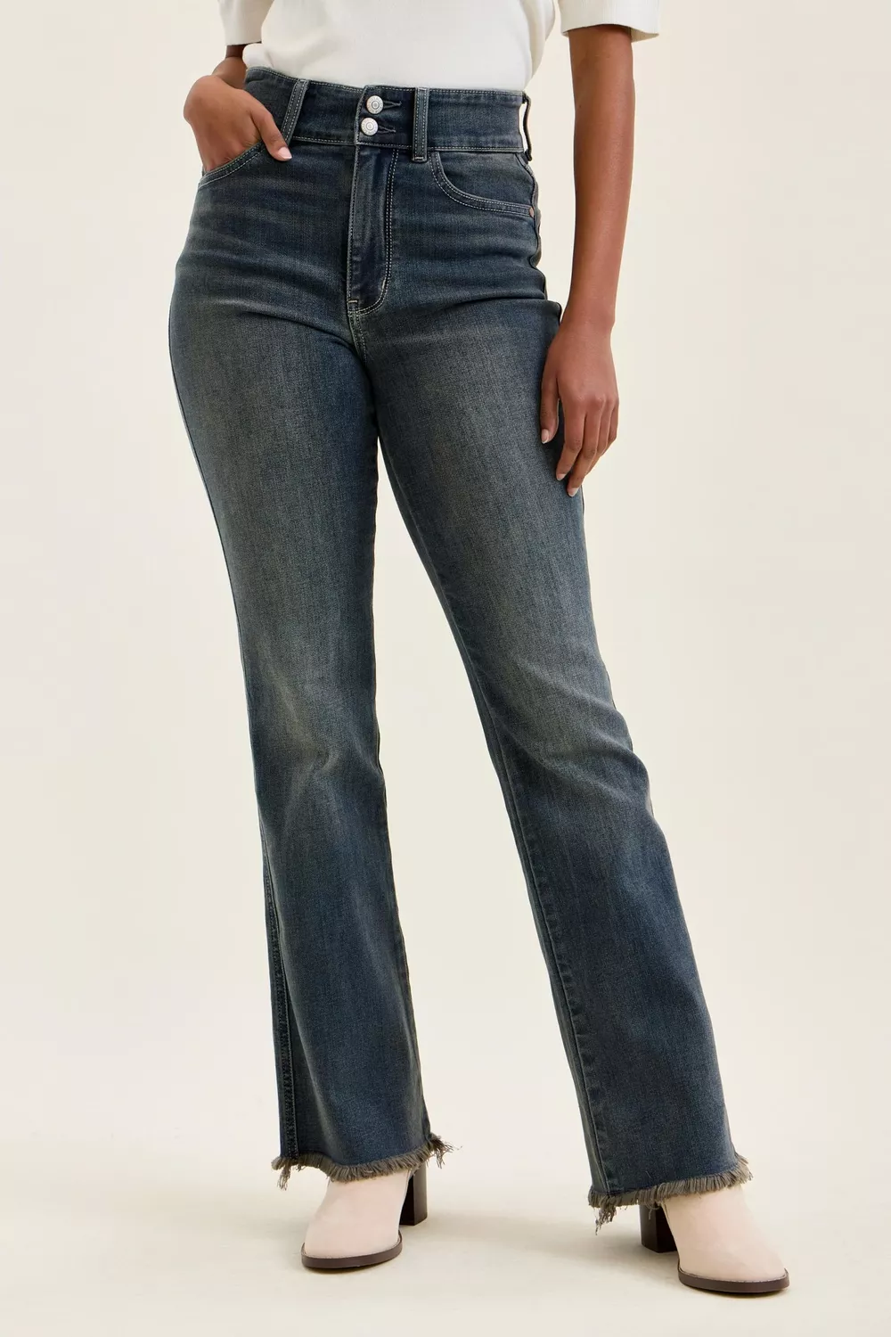 High Waist Double Button Frayed Hem Jeans
