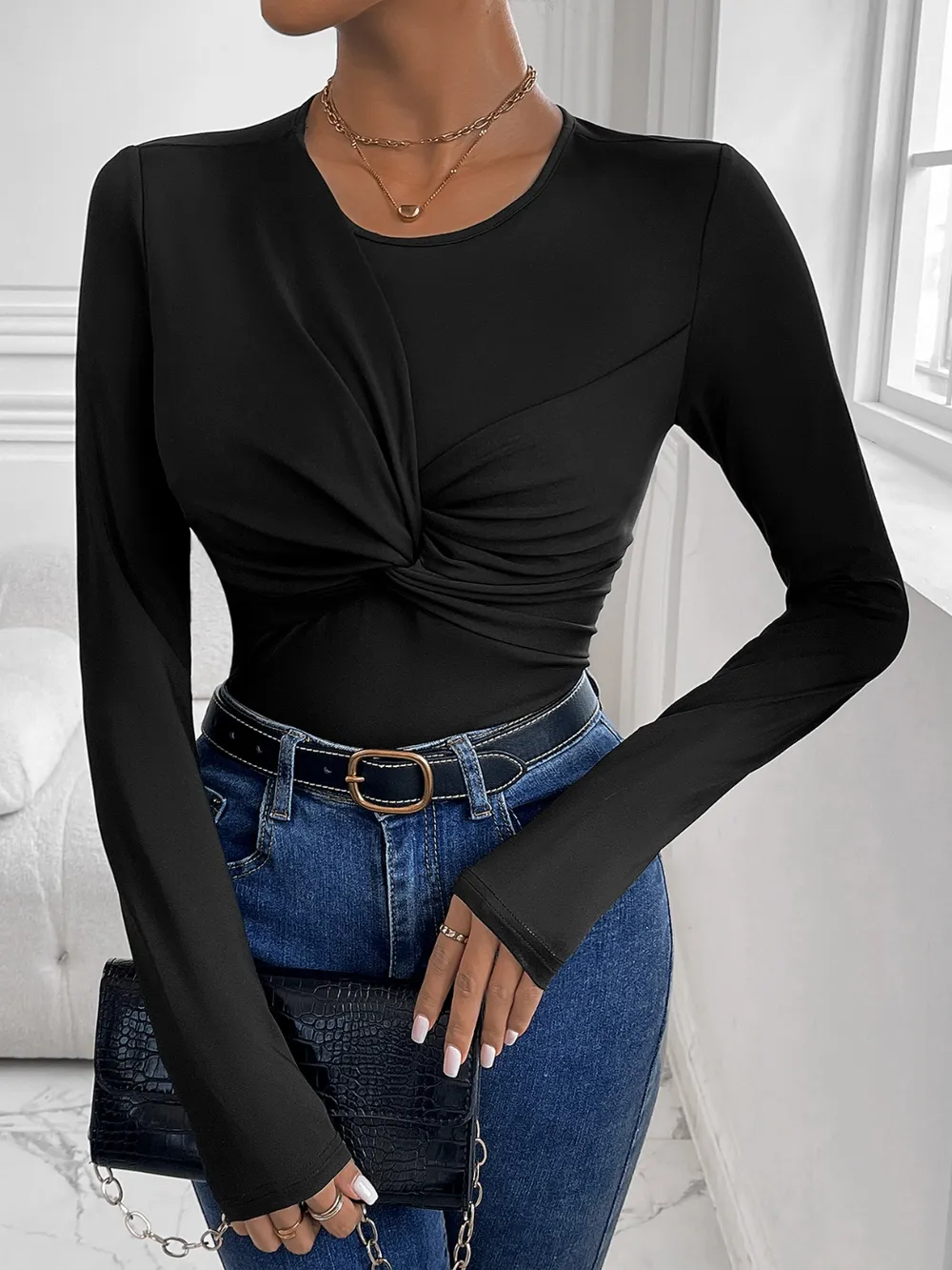 Twisted Round Neck Long Sleeve Bodysuit, image 3