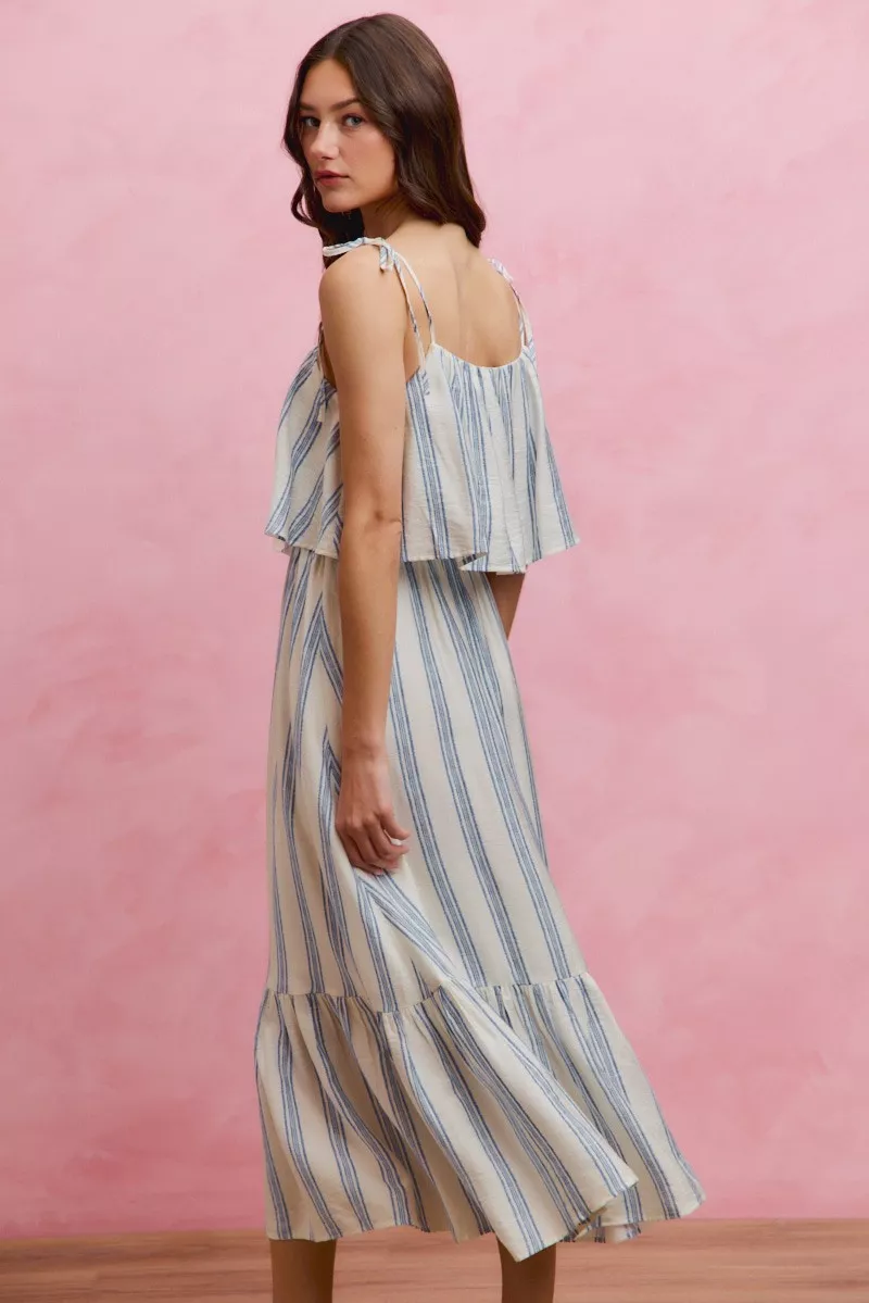 Stripe Tiered Shoulder Tie Midi Lined Dress, image 2