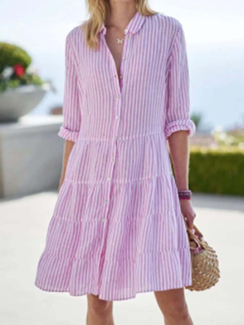 Full Size Striped Button-Down Shirt Dress with Tiered Ruffle Hem Plus Size, image 2