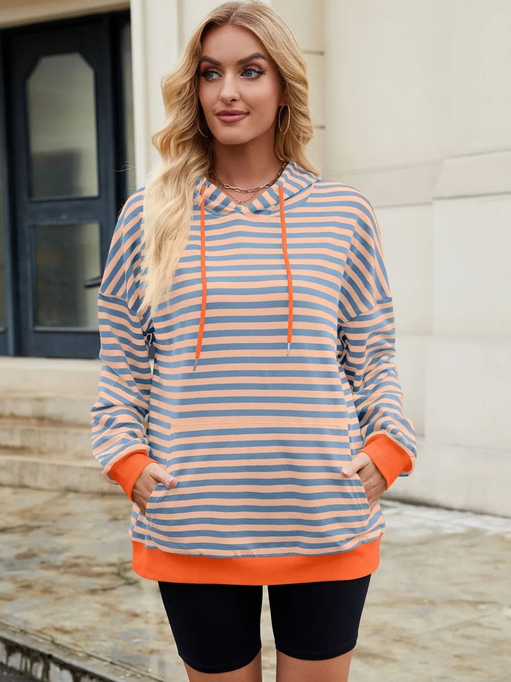 Drawstring Contrast Striped Long Sleeve Hoodie, image 16