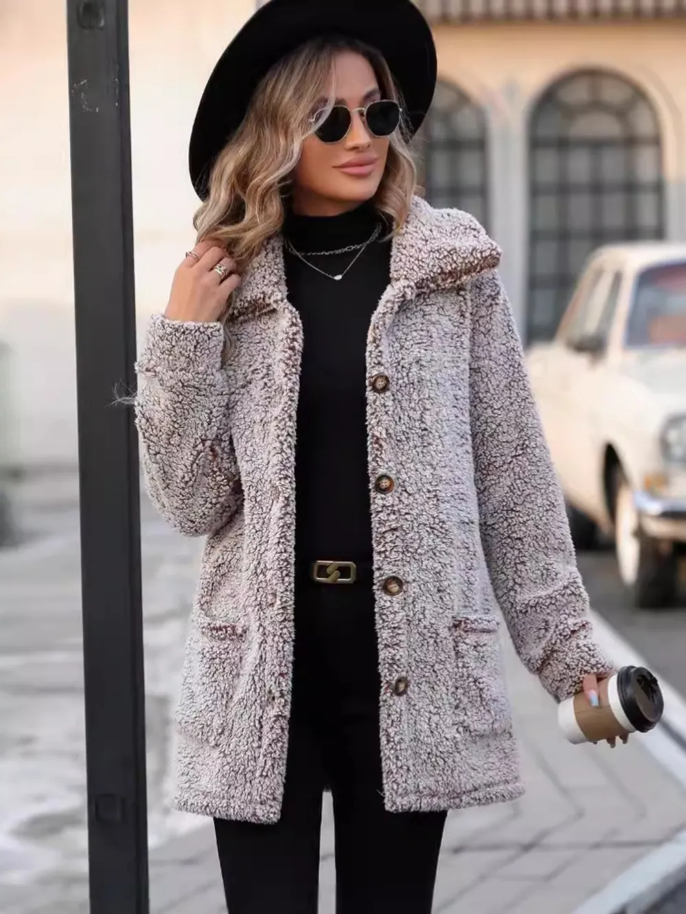 Pocketed Collared Neck Long Sleeve Plush Jacket, image 4