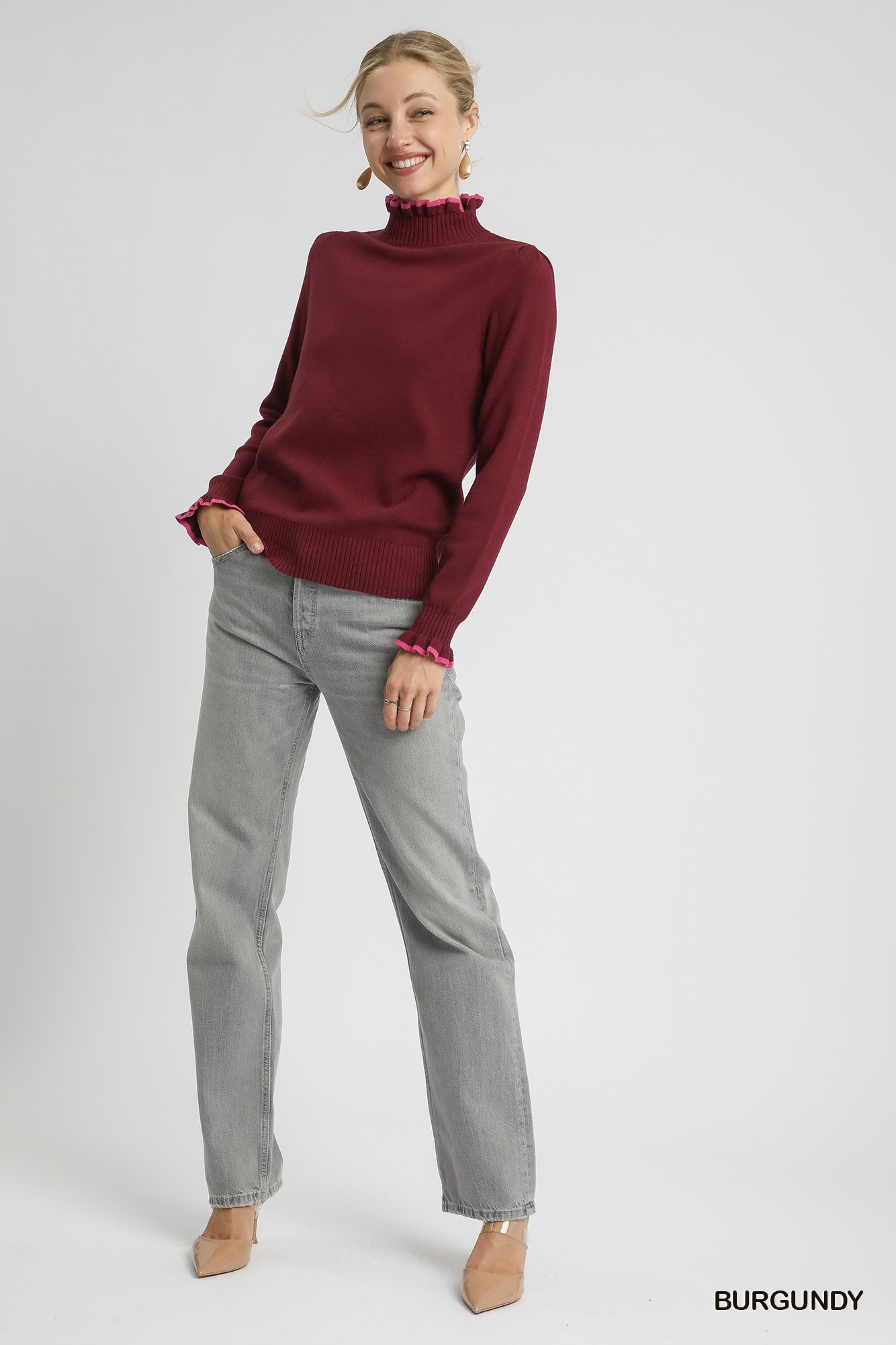 Ribbed Round Neck Sweater with Ruffle Contrast Trim, image 5