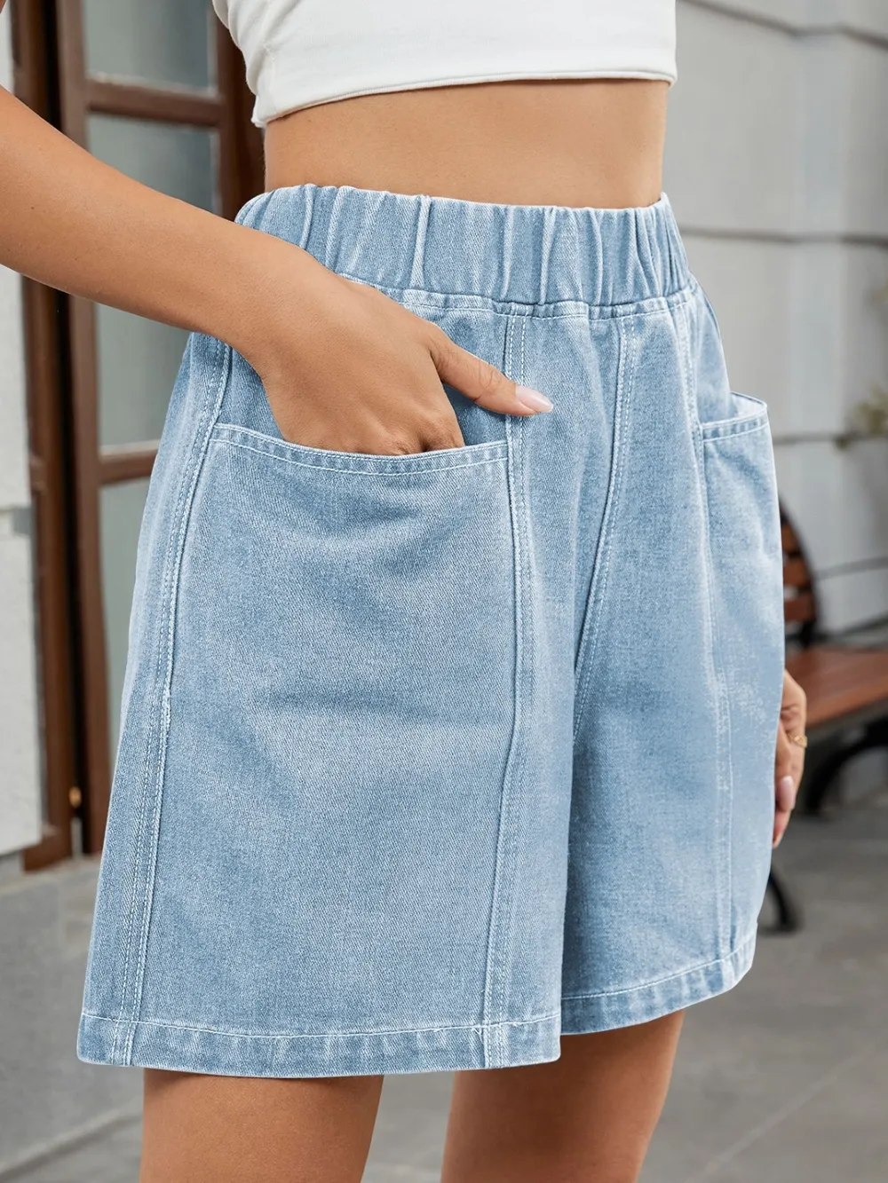 Elastic Waist Denim Shorts, image 3