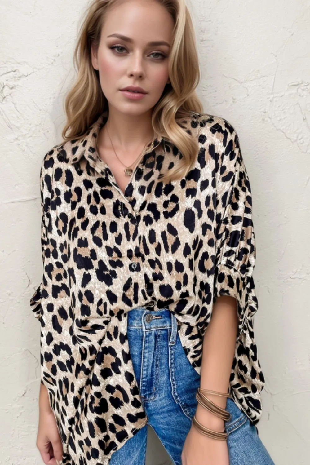 Leopard Print Buttoned 3/4 Sleeve Loose Fit Shirt, image 4