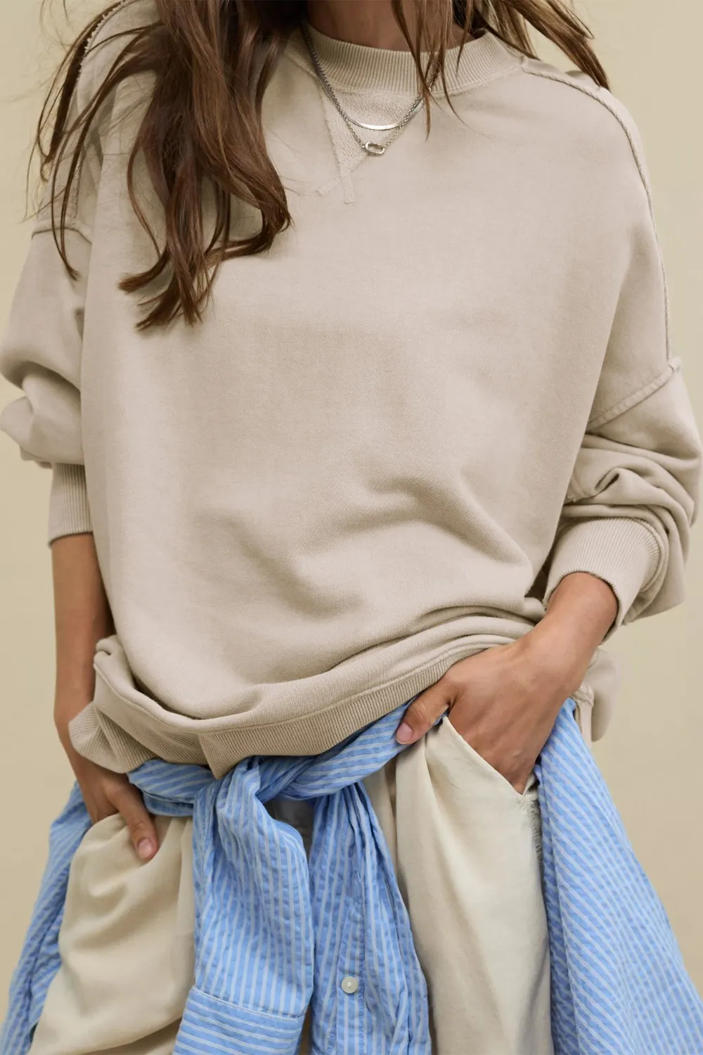 Side Slit Round Neck Long Sleeve Sweatshirt, image 4