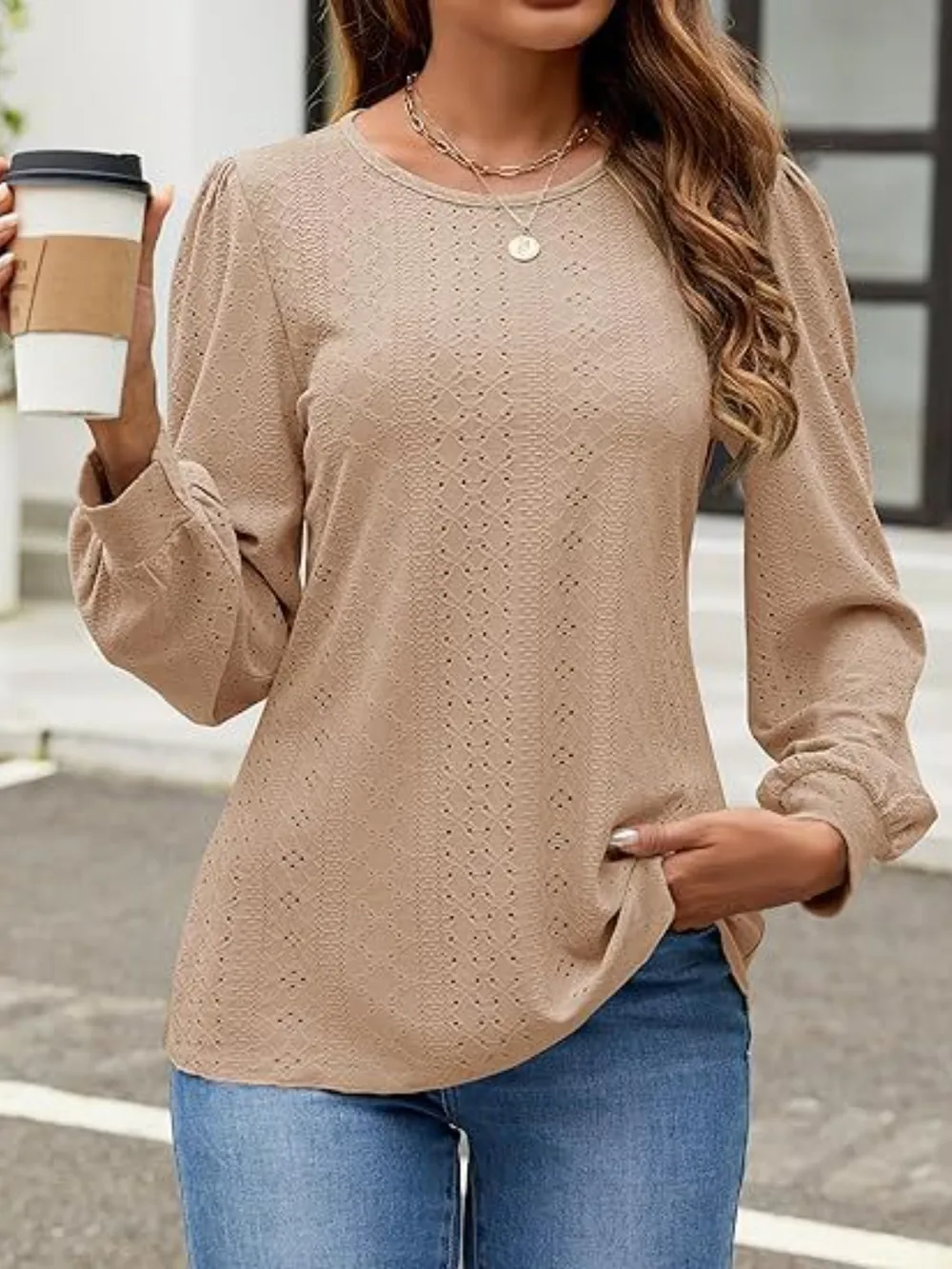 Eyelet Round Neck Long Sleeve Top, image 6