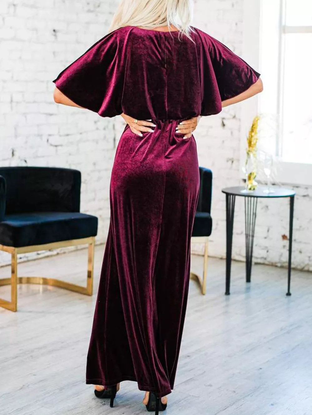 Slit Round Neck Flutter Sleeve Velvet Maxi Dress, image 10