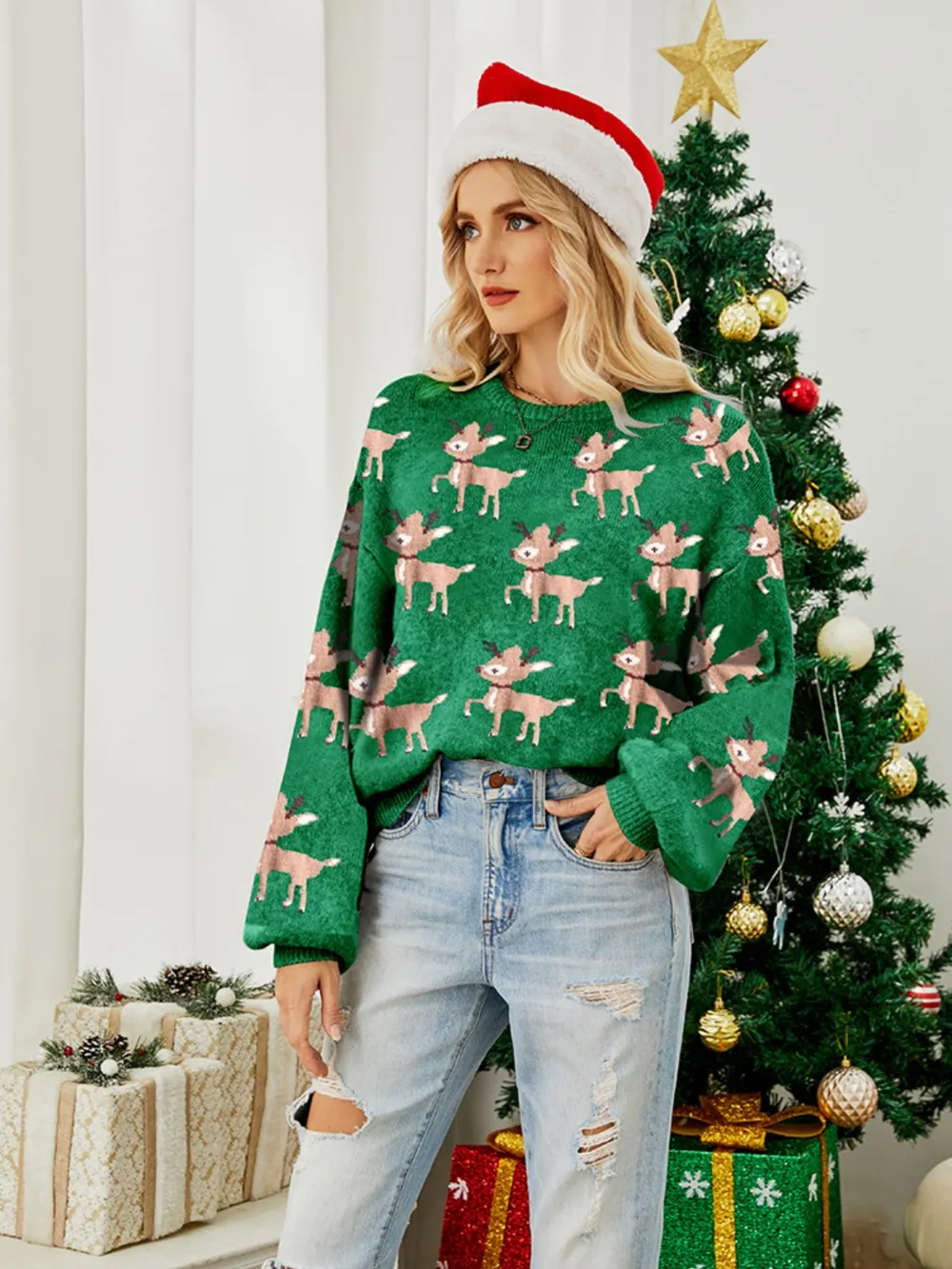 Reindeer Round Neck Long Sleeve Sweater, image 10