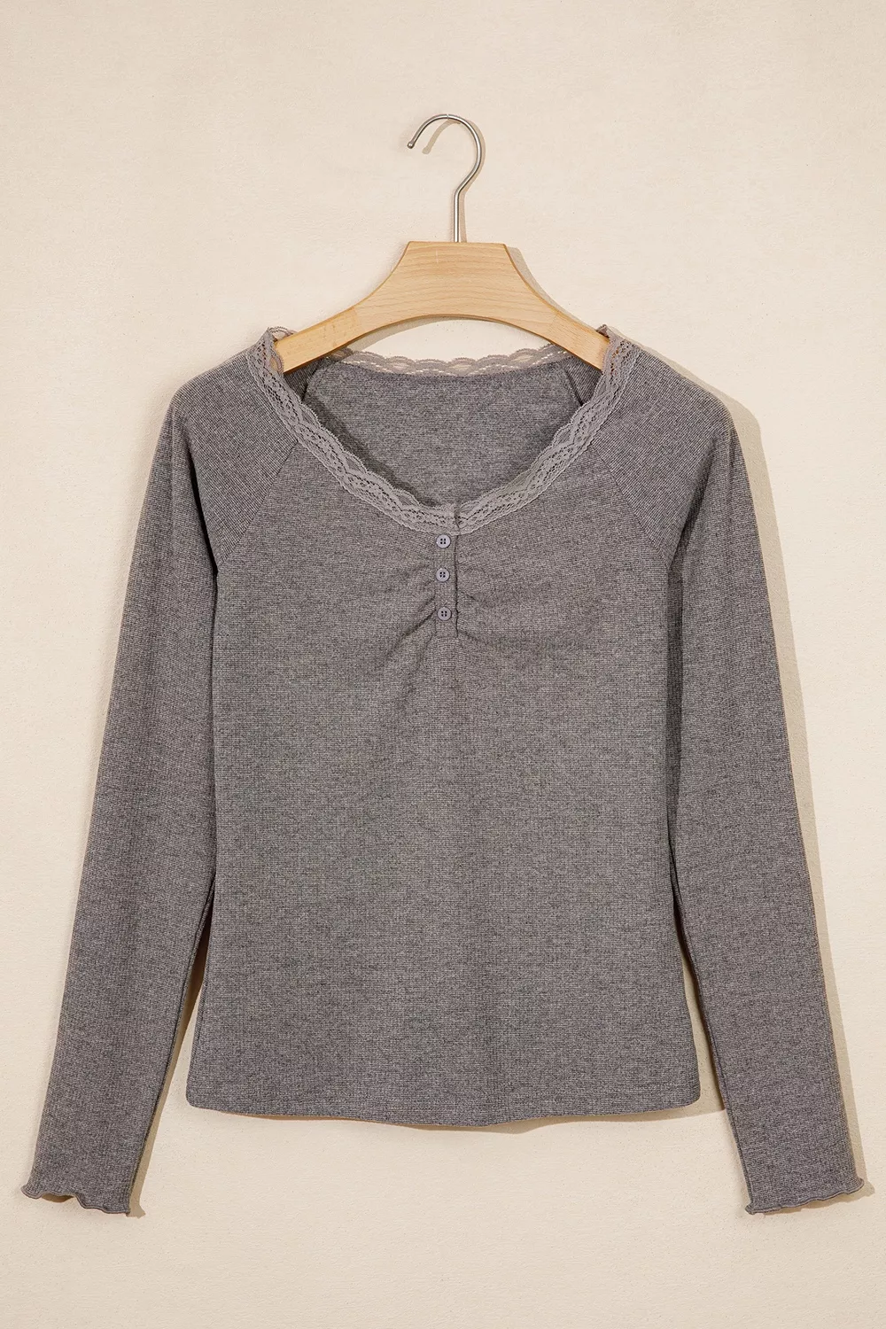 Solid Color Ribbed Lace Trim V-Neck Button Detail Long Sleeve Top, image 5