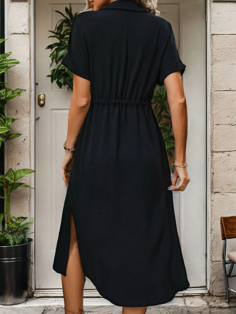 Slit Drawstring Button Up Short Sleeve Midi Dress, image 2