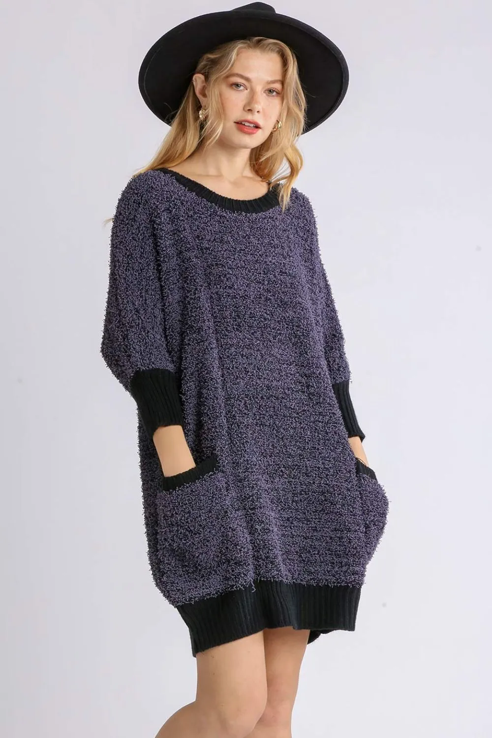 Full Size Ribbed Hem Round Neck 3/4 Sleeve Sweater Dress with Pockets Plus Size, image 2
